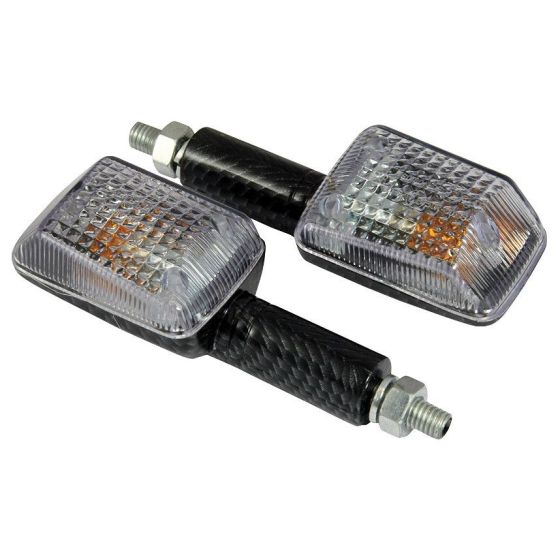 Long stem mini indicators featuring a carbon body and clear lens, with a rectangular design and visible amber bulbs, suitable for enhancing bike visibility.
