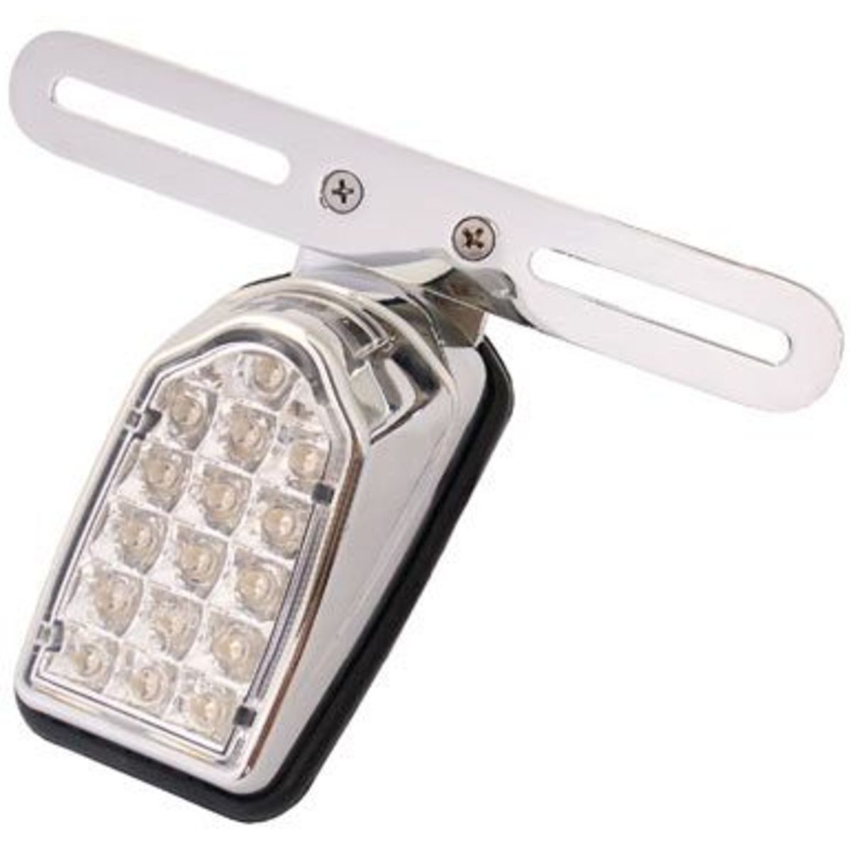 Mini tombstone-shaped LED rear light with a clear lens, featuring a chrome finish, 16 bright LEDs, and a sturdy mounting bracket for bicycles.