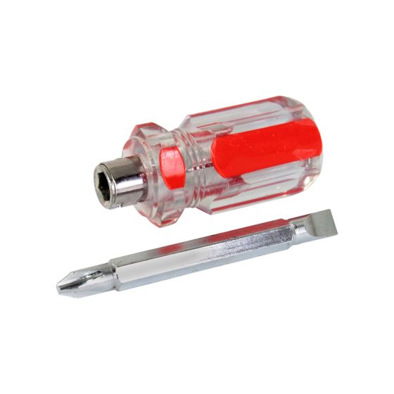 Clear plastic handle with red accents, featuring a mini screwdriver with interchangeable heads, including a flathead and Phillips, ideal for bike maintenance.
