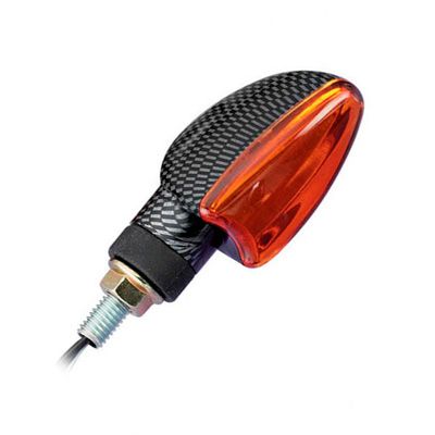 Short stem mini spear indicator featuring a carbon look body and an amber lens, designed for bikes, with a metallic mounting bolt and black rubber base.
