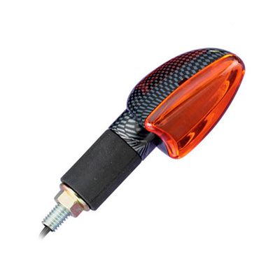 Long-stem amber lens indicator with a carbon fiber pattern, featuring a black rubber base and metal screw for attachment, designed for motorcycles by Bike-It.
