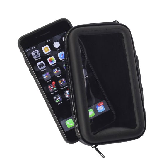 Large black smartphone holder with a transparent front, designed for mirror mounting, featuring a zip closure and dimensions of 168x92x25mm (ID).