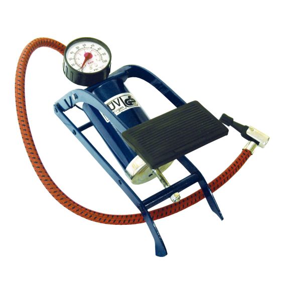 Blue metal foot pump with a pressure gauge, red rubber hose, and a textured black foot pedal for easy operation.