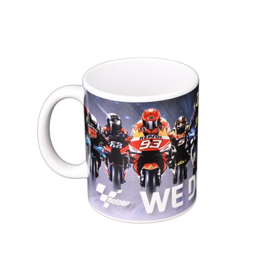 White ceramic mug featuring vibrant MotoGP rider graphics, including the number 93, with "WE DO RACING" text in bold at the bottom.