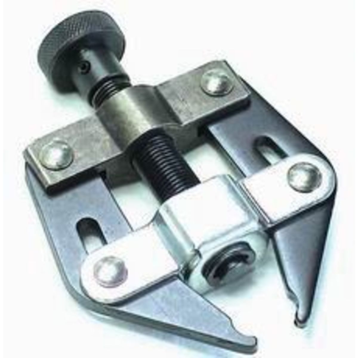 A metal bike chain puller with a silver and black finish, featuring a central screw mechanism and two adjustable arms for chain removal.