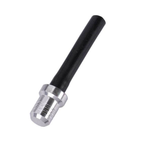 Silver metal fuel cap vent valve with a black rubber tube, featuring a textured grip and a sleek design, suitable for various bike models.