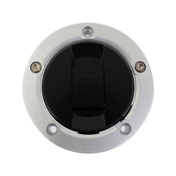 Black plastic fuel cap with a silver metal surround, featuring a "LIFT" tab in the center and four screw holes for secure attachment.