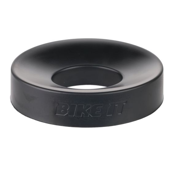 Black rubber servicing donut ring with a central hole, featuring the embossed text "BIKE IT" on one side, designed for motorcycle helmet maintenance.
