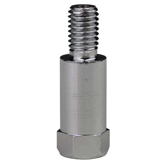 Silver metal mirror adapter with M8 male standard thread on one end and female standard thread on the other, featuring a smooth cylindrical body and hexagonal base for easy installation.