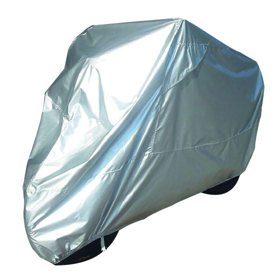 Silver motorcycle rain cover made of durable, waterproof material, designed to fit over a bike for protection against rain and weather elements.