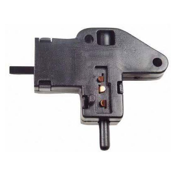 Black plastic brake stop light switch with two metal contact points, designed for Kawasaki models, featuring a compact shape and mounting slot for easy installation.