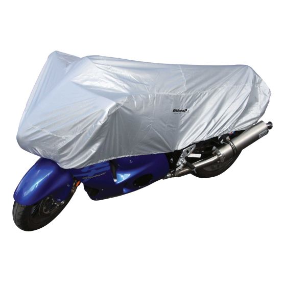 Large silver motorcycle top cover by Bike-It, made from waterproof material, designed to fit over a blue motorcycle, featuring a snug fit and protection from the elements.
