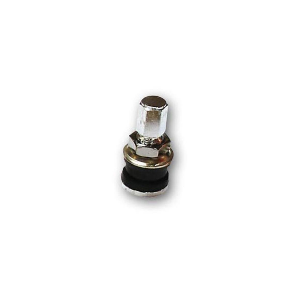 Chrome-plated metal tubeless tyre valve with a black rubber base, featuring a hexagonal top and a 10 mm size, designed for bike wheels.