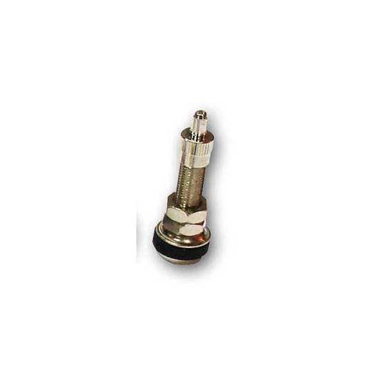 Chrome-plated 8 mm metal tubeless tyre valve with a rubber seal and a threaded base for secure attachment, designed for bike wheels.