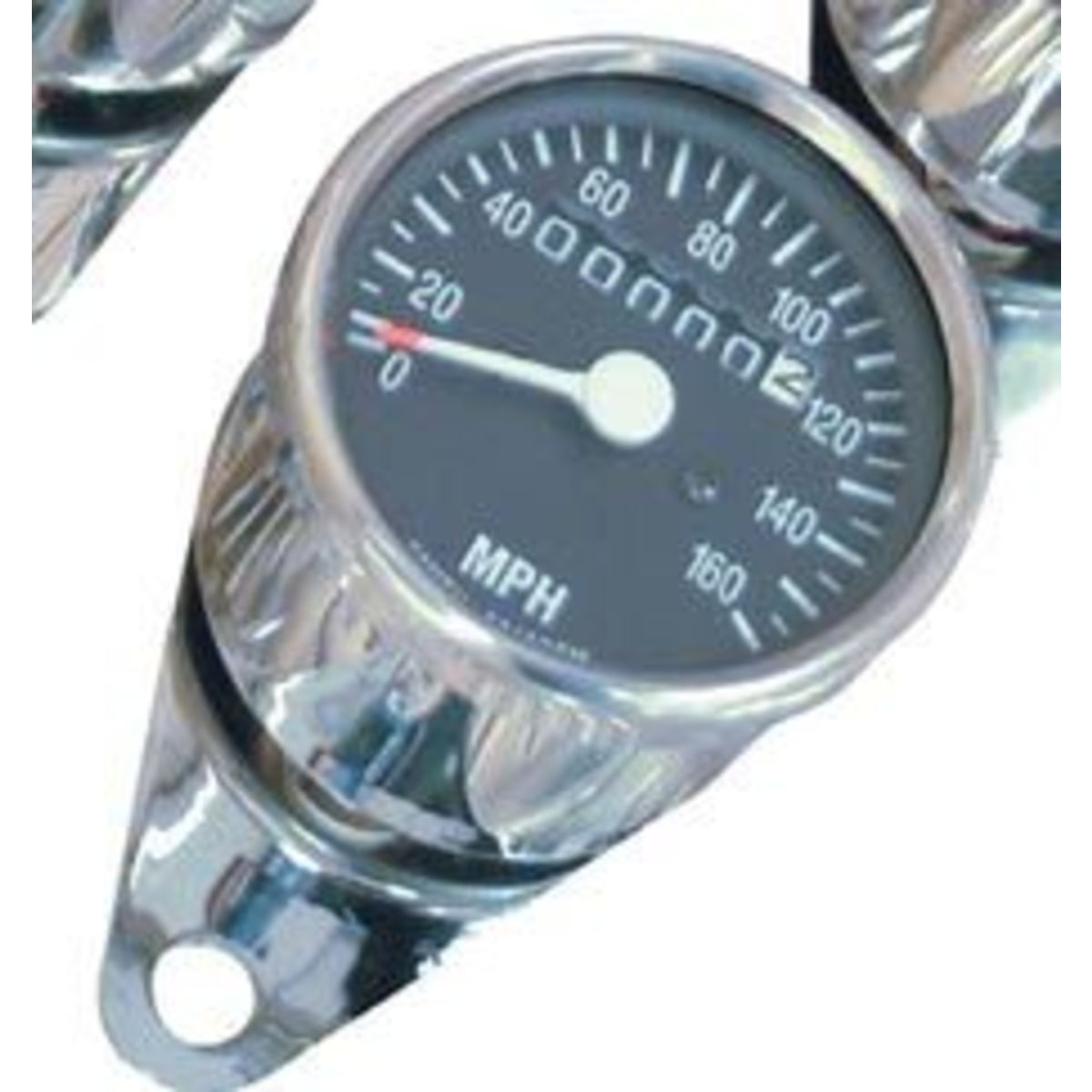 Chrome speedometer with a black face displaying MPH up to 160, marked with 0-60 mph and 2240 rpm, featuring a polished metal casing and a clear glass cover.