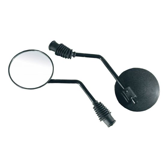 Black multi-function universal folding mirror with a round glass mirror and a sturdy, adjustable arm featuring rubber grips for easy installation on bikes.