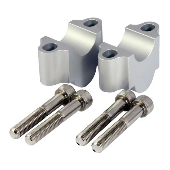 Aluminium handlebar clamp conversion kit featuring a sleek CNC finish, designed to fit 22.2 mm to 28.6 mm fat bars, includes two clamps and stainless steel bolts.