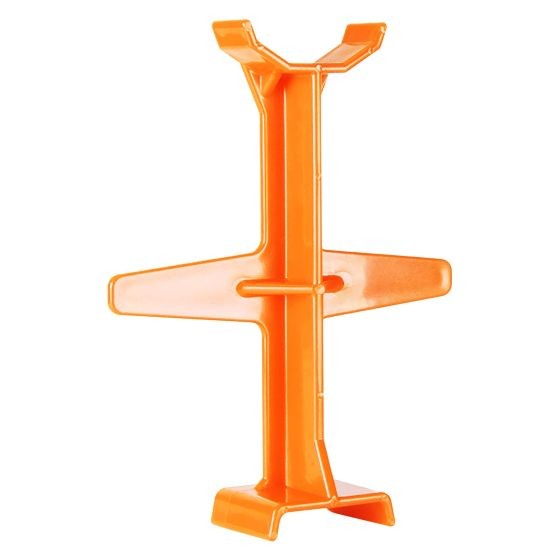 Bright orange plastic fork support designed for MX bikes, featuring a sturdy, cross-shaped base for stability and a central support bar for secure fork positioning.