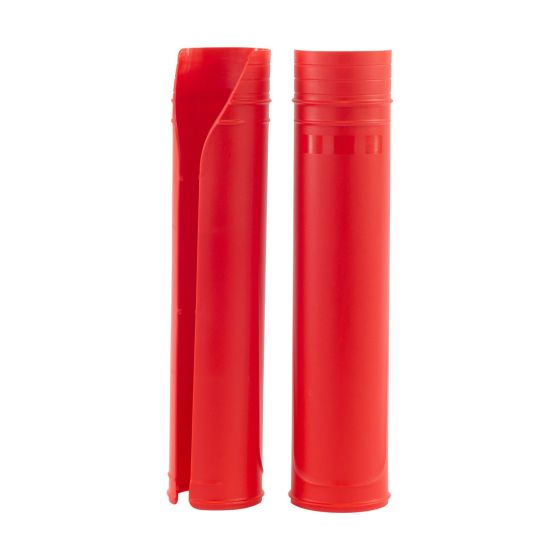 Red plastic upper fork protector guards designed for bikes, featuring a smooth finish and a split design for easy installation.