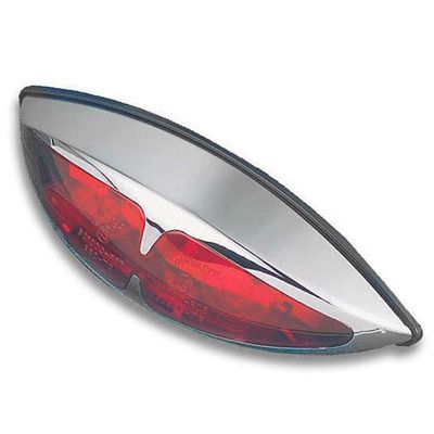 Red and chrome universal rear and brake light with a sleek, oval design, featuring built-in number plate illumination for enhanced visibility.