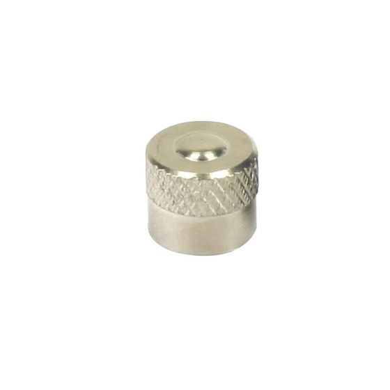 Nickel-plated metal valve cap with a textured grip, showcasing a shiny silver finish, designed for bicycles, available in a pack of 50.