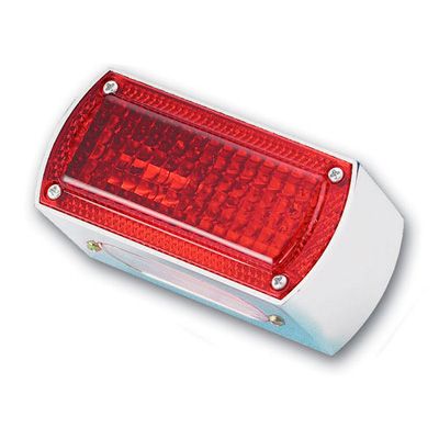 Red rectangular rear light with a textured lens, encased in a white plastic housing, featuring silver screws for mounting and a universal fit for bicycles.