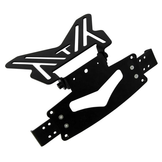 Black metal number plate hanger bracket with a sleek design, featuring sliding indicator mounts and adjustable straps for secure attachment.