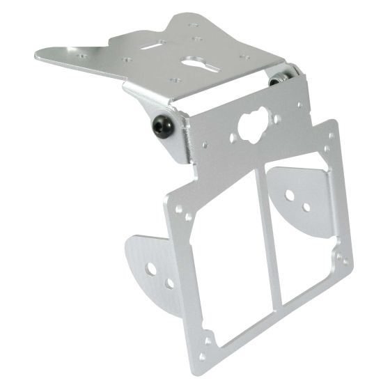 Silver metal number plate hanger bracket featuring indicator mounts, designed for universal fit, with a sturdy construction and cut-out sections for easy installation.