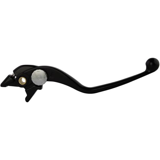 Black alloy brake lever with a smooth curved design, featuring a round pivot point and a textured grip, designed as a replacement for BMW F750 GS (2018-2019) and S1000 XR (2015-2019).