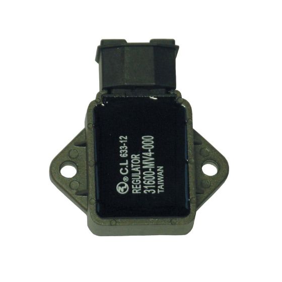 Black rectangular regulator with a plastic housing, featuring a connector at the top and labeled "31600-MV4-000," designed for Honda motorcycles.