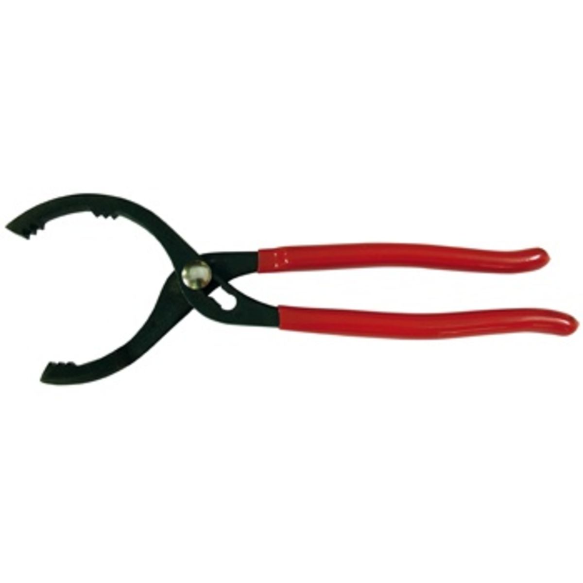 Black oil filter pliers with red rubber grips, featuring a curved jaw design for easy gripping and a 12-inch length for enhanced leverage and control.