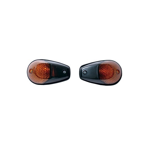 Black motorcycle fairing indicators featuring an amber lens, with a sleek design and a textured surface for enhanced visibility.