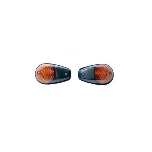 Original Bike It fairing indicators featuring a black plastic body and smoked lens, showcasing an amber light for visibility, designed for 12V 23W systems.