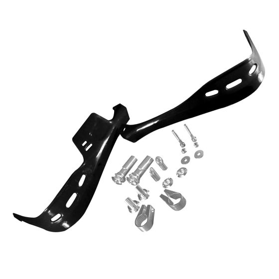 Black plastic handguards with a sleek design, featuring ventilation holes and a set of mounting screws and hardware for installation.