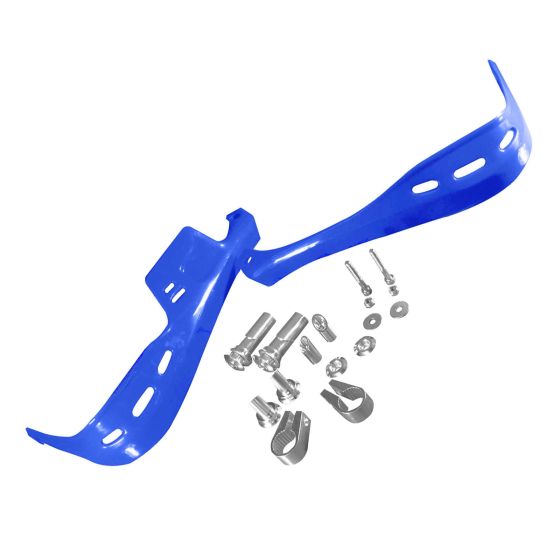Blue plastic handguards with ventilation holes, accompanied by metal mounting hardware including bolts and washers, designed for motorcycle protection.
