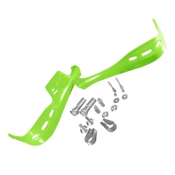 Bright green plastic handguards with ventilation holes, accompanied by various metal mounting hardware and screws for installation.