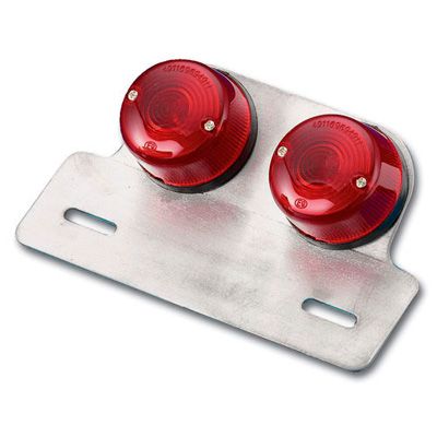 Red twin round rear lights mounted on a silver metal bracket, featuring two screw holes for attachment, designed for universal bike compatibility.