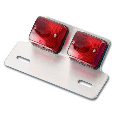 Red twin square rear lights mounted on a silver metal bracket, featuring circular lens patterns and two mounting holes for easy installation.