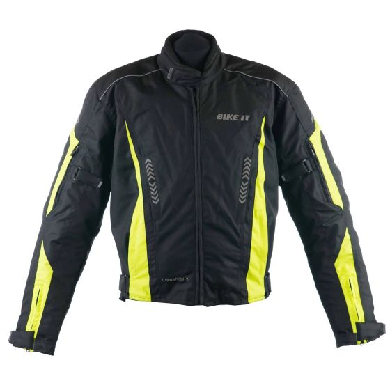 Black motorcycle jacket with reflective yellow accents, made from durable material, featuring zippered pockets, adjustable cuffs, and a high collar for added protection.