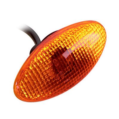 Oval slim fairing indicator with an amber lens, measuring 70 x 35mm, featuring a textured surface and a black mounting stem.