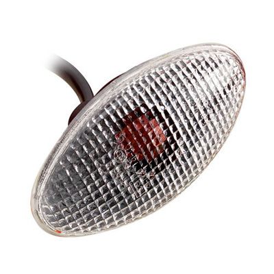 Oval slim fairing indicator with a clear lens, measuring 70 x 35mm, featuring a textured surface and a red light section, mounted on a black wire.