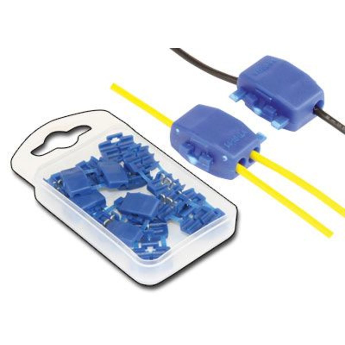 Ten blue plastic Scotch lock wire connectors in a clear packaging, designed for easy electrical connections, with two connectors shown attached to wires.