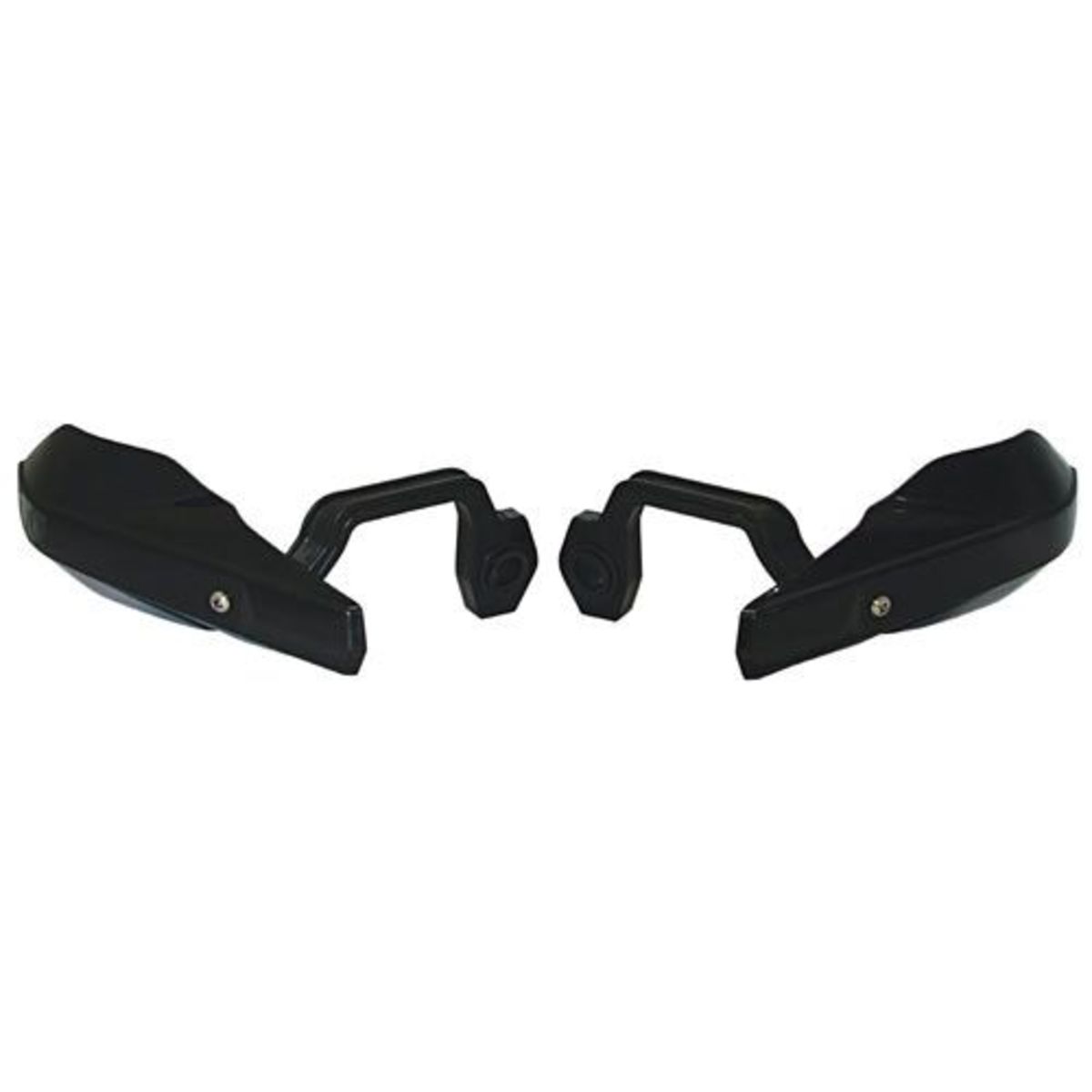 Black plastic handguards designed for motorcycles, featuring a sleek, aerodynamic shape with adjustable mounting brackets for enhanced protection and style.