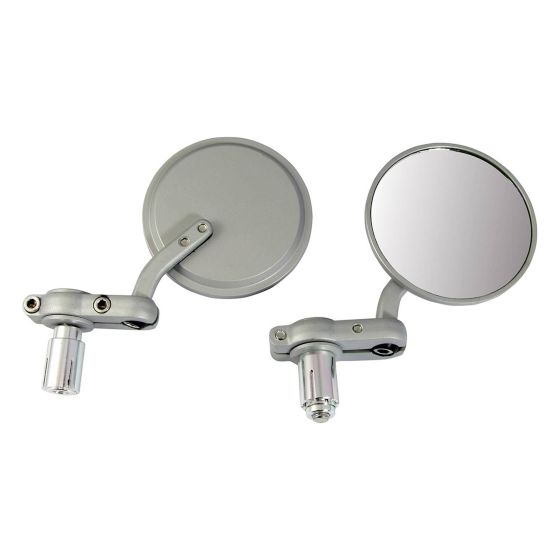 Silver alloy bar end mirrors with round reflective surfaces and adjustable mounting arms, designed for bicycles, featuring a sleek, modern finish.