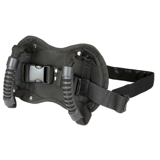 Black nylon pillion seat with adjustable straps, featuring two rubberized grips and a central buckle for secure attachment on motorcycles.