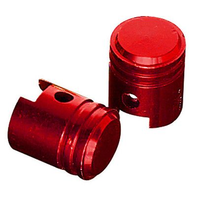 Small red aluminum piston valve caps with a smooth, rounded top and a side hole for easy attachment, designed for bike tire valves.