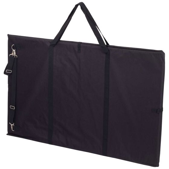 Black, durable fabric storage bag with a flat design, featuring a carrying handle and adjustable shoulder strap, designed for transporting a pit board.