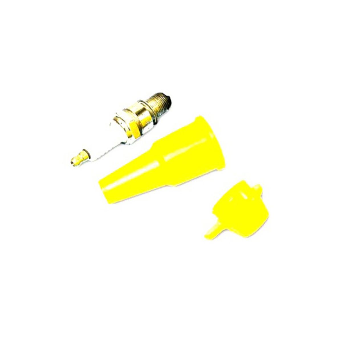 Bright yellow waterproof holder for a spark plug, made of durable plastic, includes a spark plug and a protective cap.