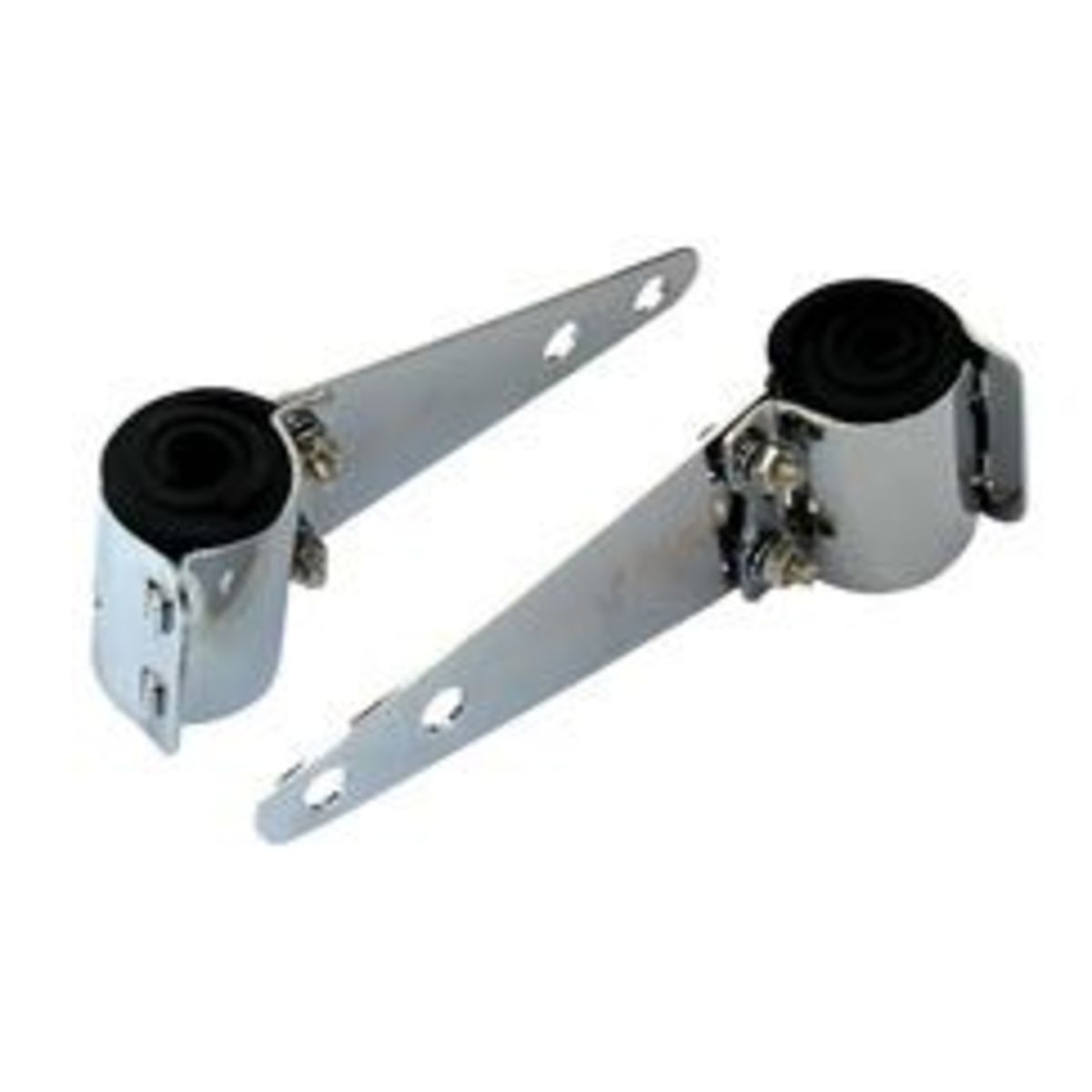 Chrome headlight bracket with wraparound rubber, designed for 30-38 mm fittings, featuring two metal arms and rubber cushioning for secure attachment.