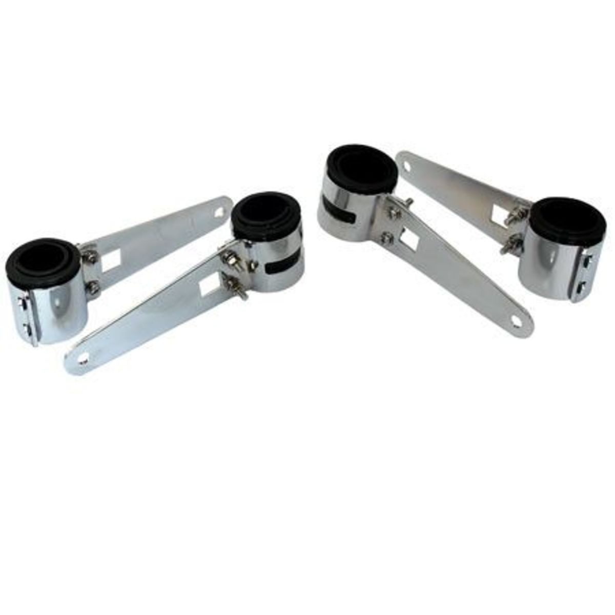 Chrome bike headlight brackets with black rubber inserts, designed for 43-48 mm headlights, featuring sturdy metal arms for secure mounting.